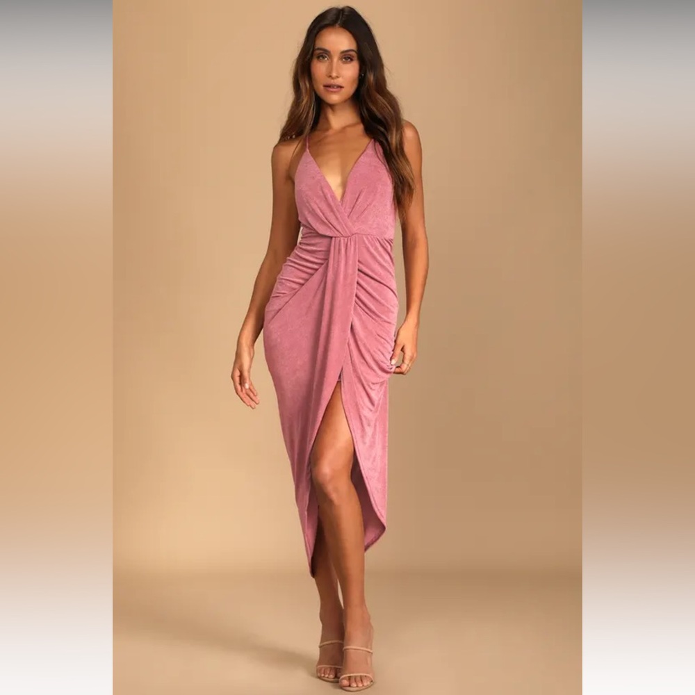 Lulu’s Dreamy Date Rose Pink Surplice Midi Dress